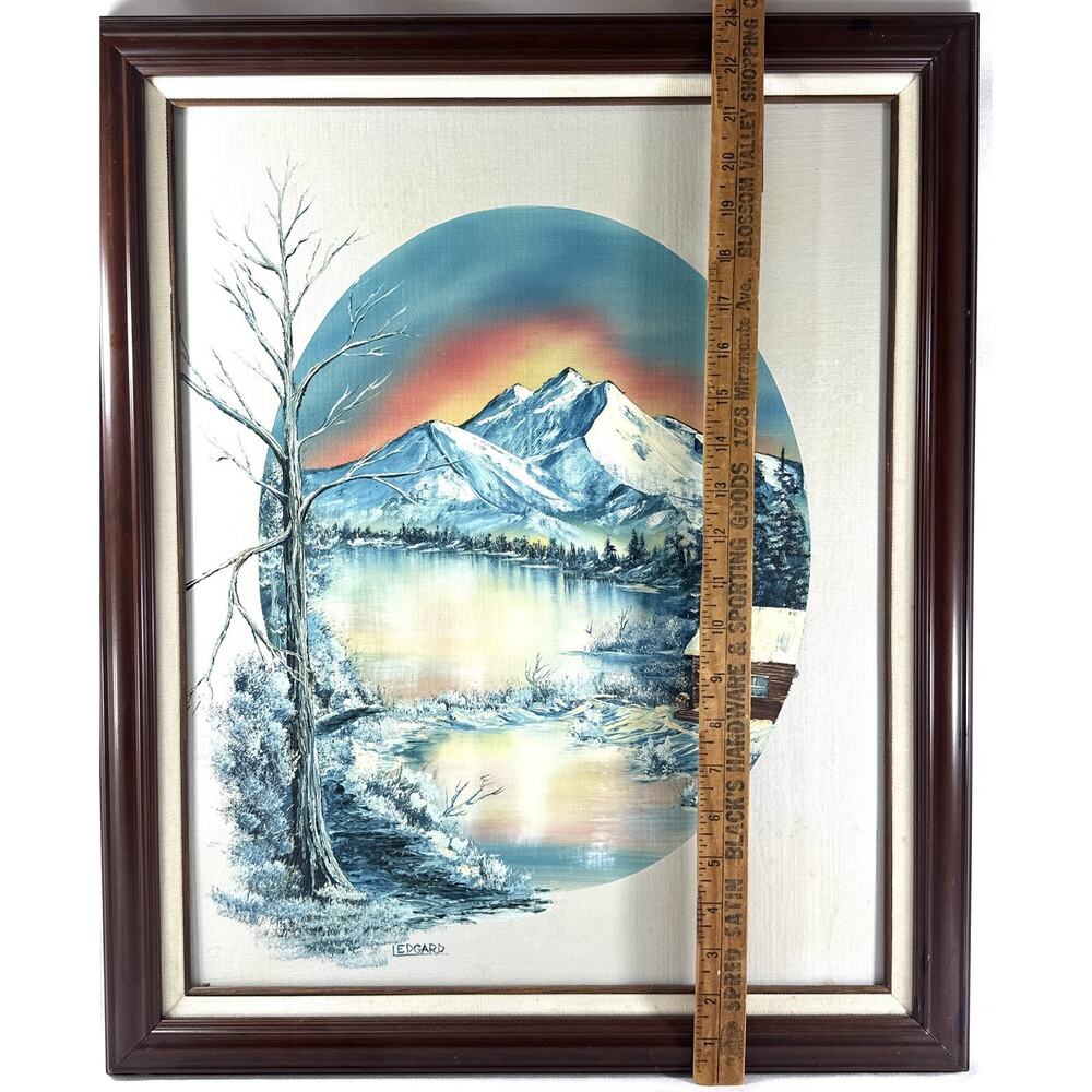 Oil Painting Winter At Dawn Cabin On Pond Signed Margaret Peggy Ledgard 1988 - Picture 8 of 10